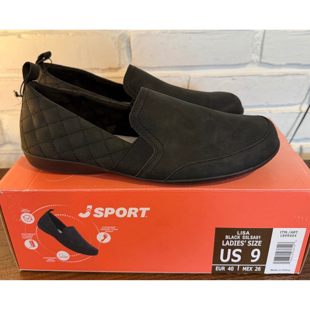 J Sport Lisa Womens Black Slip On Quilted Comfort Flat Shoes •9• Loafer Gorpcore